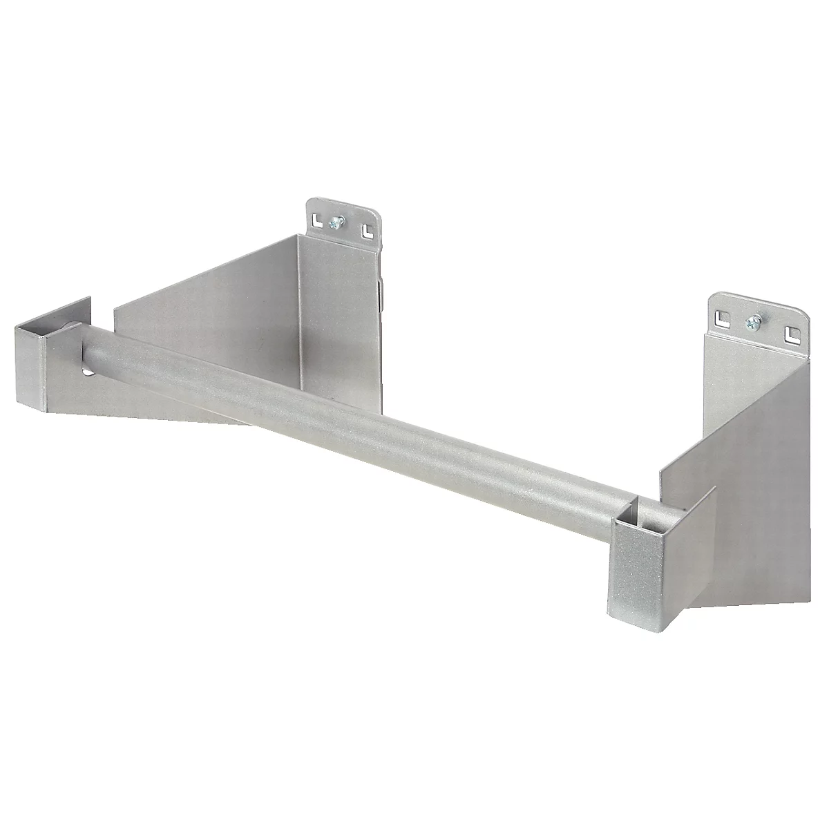 Metallhalterung in Silber, bestehend aus einer horizontalen Stange, die mit zwei Winkelhalterungen verbunden ist. Schrauben sichern die Halterungen.