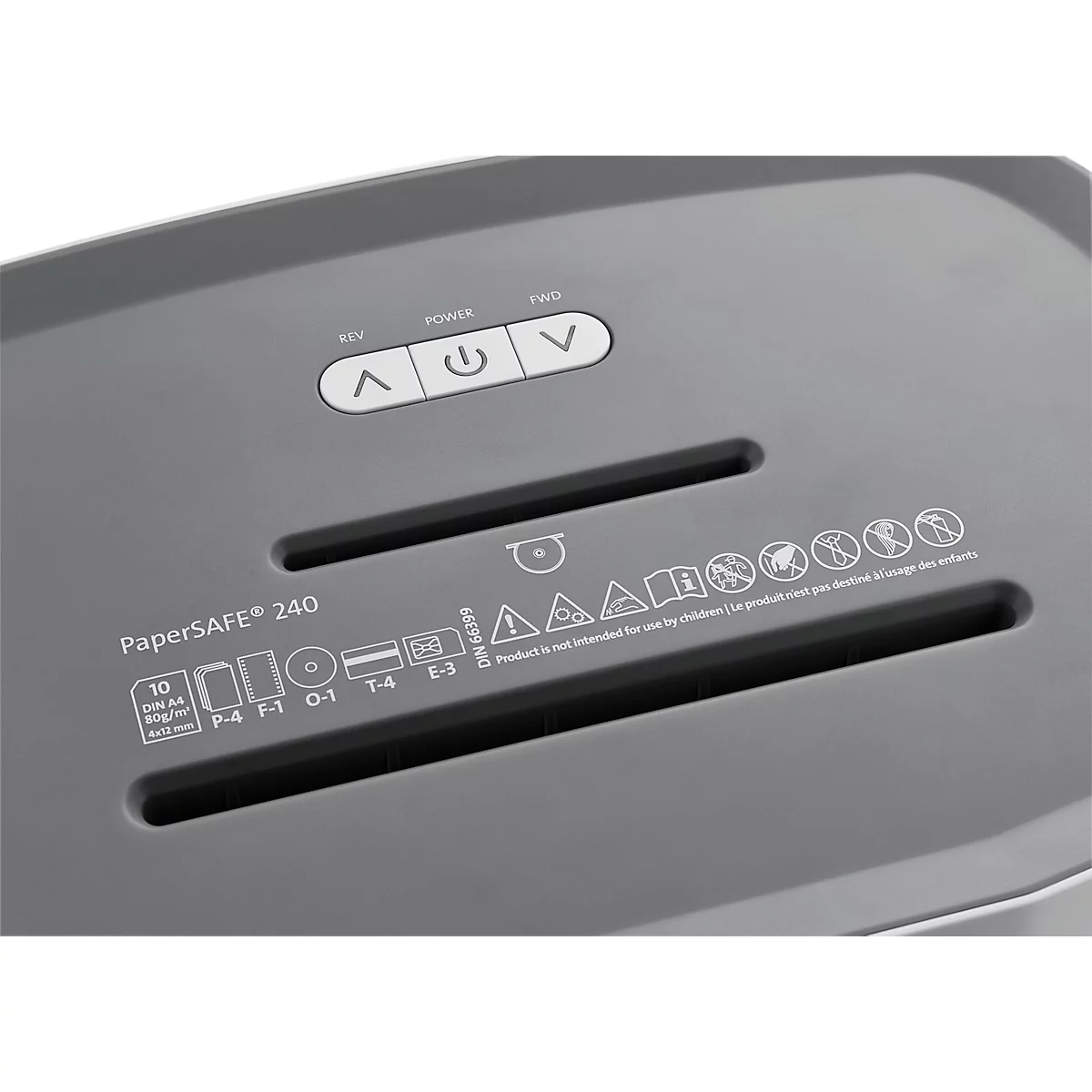 Papiervernietiger Dahle PaperSAFE® 240, snijdkorrel 4 x 12 mm, P-4, 25 l, snijcapaciteit 1-10 vel, met rollen, grijs