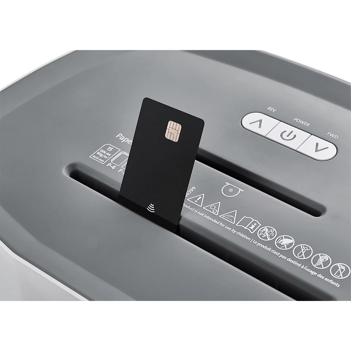 Papiervernietiger Dahle PaperSAFE® 380, snijdkorrel 4 x 12 mm, P-4, 25 l, snijcapaciteit 1-15 vel, met rollen, grijs