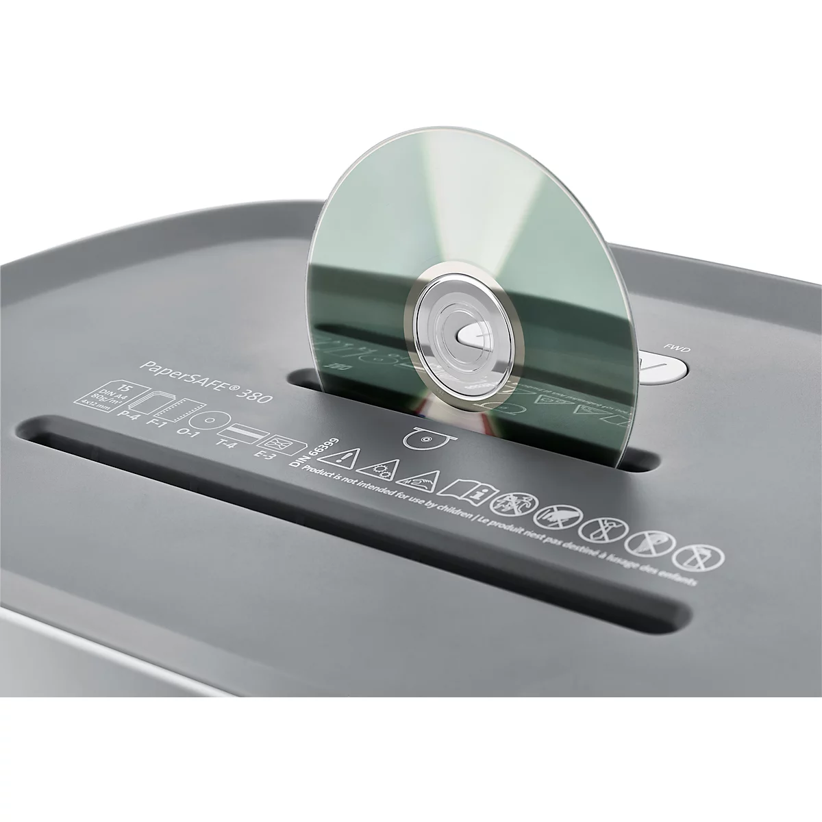 Papiervernietiger Dahle PaperSAFE® 380, snijdkorrel 4 x 12 mm, P-4, 25 l, snijcapaciteit 1-15 vel, met rollen, grijs