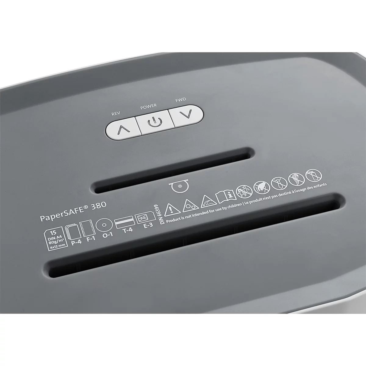 Papiervernietiger Dahle PaperSAFE® 380, snijdkorrel 4 x 12 mm, P-4, 25 l, snijcapaciteit 1-15 vel, met rollen, grijs