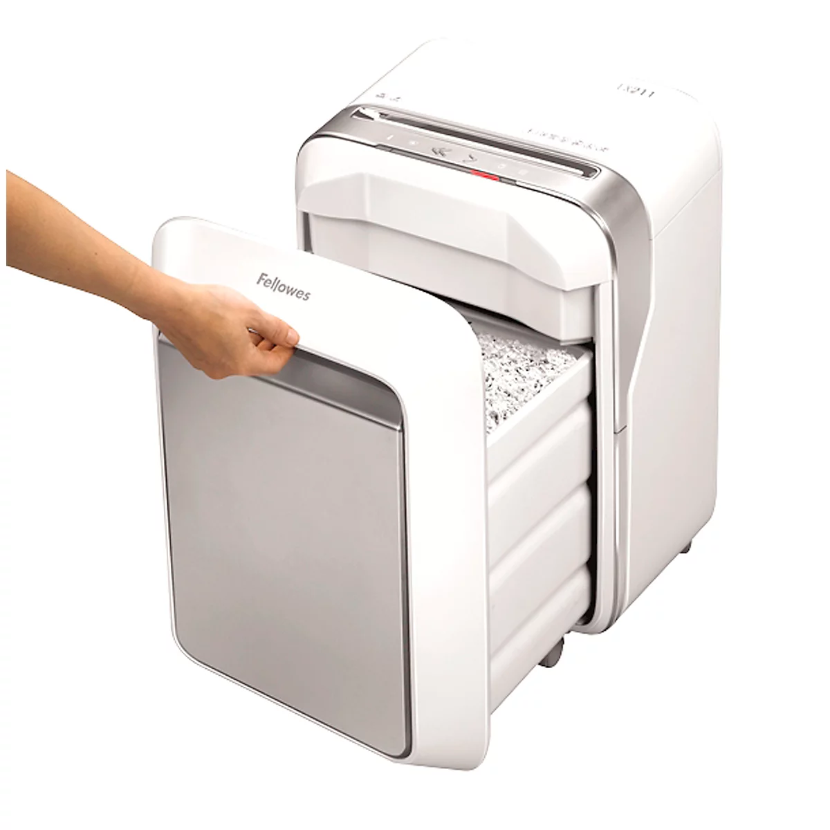 Papiervernietiger Fellowes® Microshred LX 211, micropartikelsnijmachine 2 x 12 mm, P-5, 23 l, snijcapaciteit 15 vel, met rollen, wit