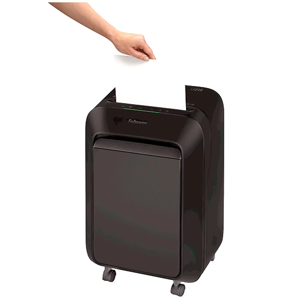 Papiervernietiger Fellowes® Powershred LX 210, deeltjesversnipperaar 4 x 12 mm, P-4, 23 l, snijcapaciteit 16 vel, met rollen, zwart
