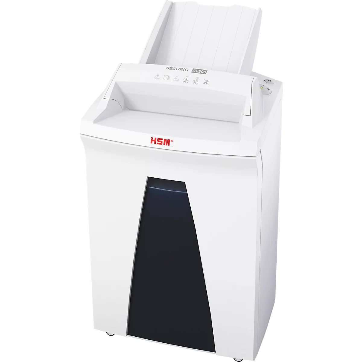 Witte papierversnipperaar met zwarte sleuf, HSM-logo.