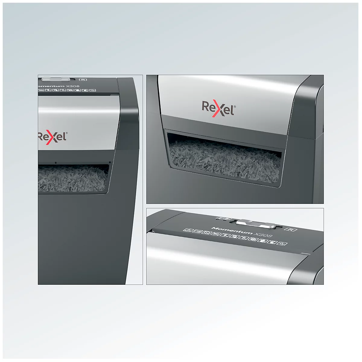 Papierversnipperaar Rexel Momentum X308, particle-cut 5 x 42 mm, P-3, 15 l, snijvermogen 8 vel