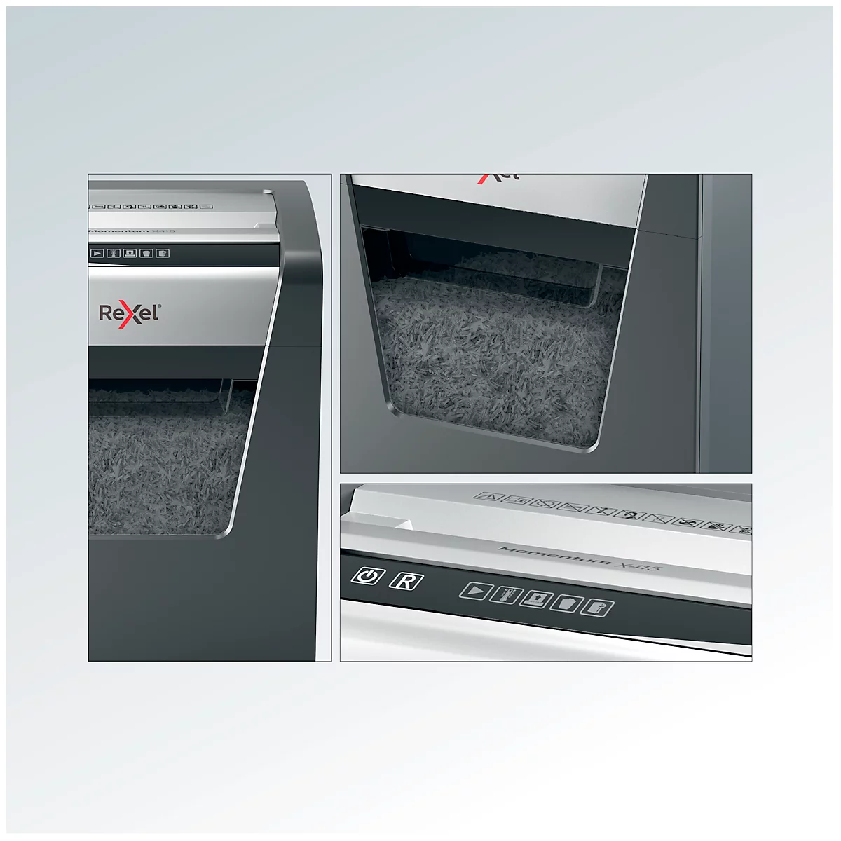 Papierversnipperaar Rexel Momentum X415, particle-cut 4 x 40 mm, P-4, 23 l, snijvermogen 15 vellen