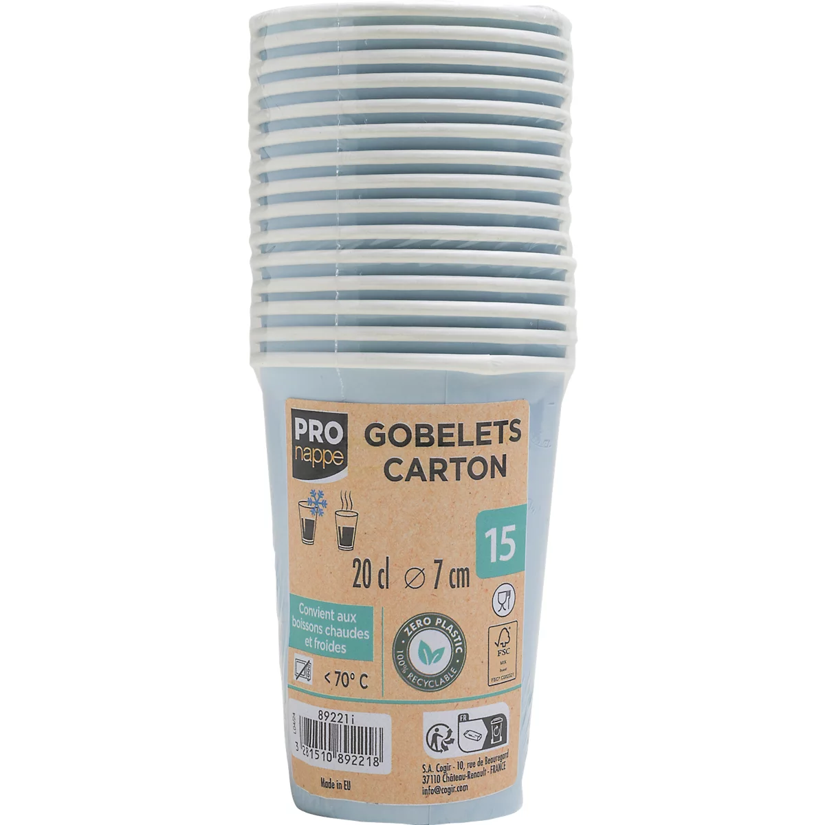 Stapel blauer Pappbecher, Aufdruck: 'Gobelets Carton' und Angaben zu Größe und Temperatur.