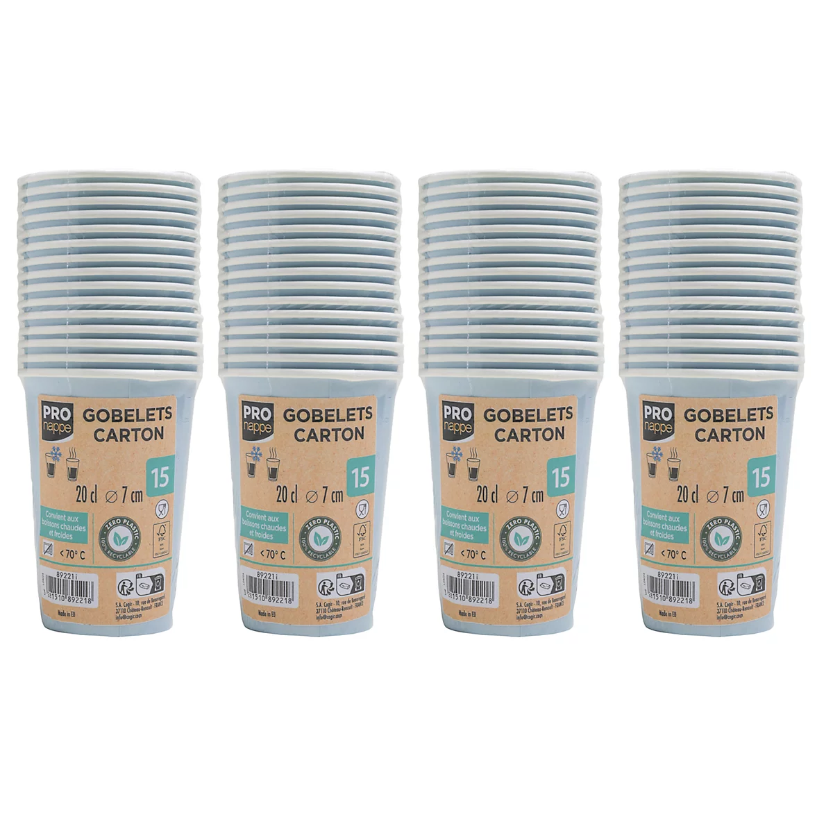 Vier Stapel Pappbecher vor weißem Hintergrund. Becher haben Aufdruck "PRO GOBELETS CARTON 15".
