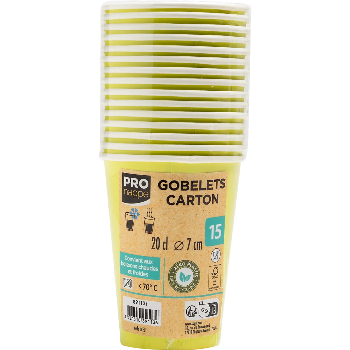 Ein Stapel gelb-weiß gestreifter Pappbecher, Beschriftung „GOBELETS CARTON“, 15 Stück.
