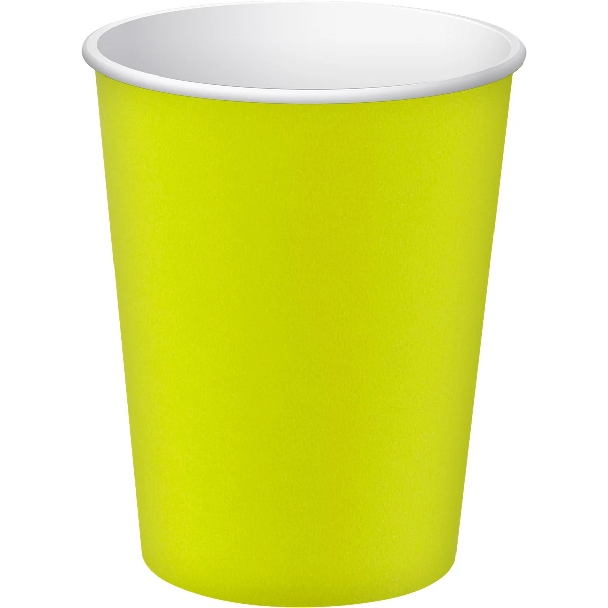 Ein gelber Pappbecher mit weissem Rand. Der Becher steht isoliert vor weissem Hintergrund.