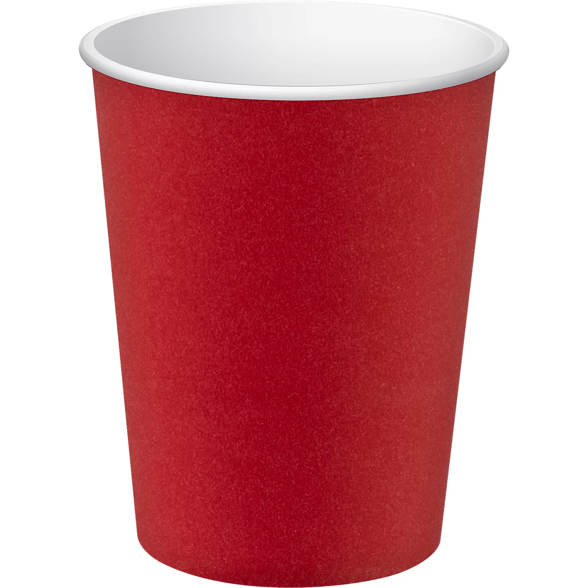 Ein roter Pappbecher mit weissem Rand, isoliert auf weissem Hintergrund.