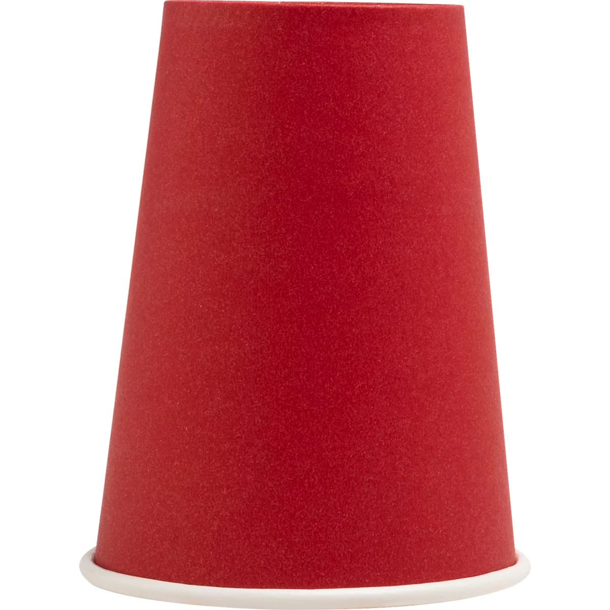 Roter Pappbecher mit weissem Rand. Kegelförmig, leicht angeraut.