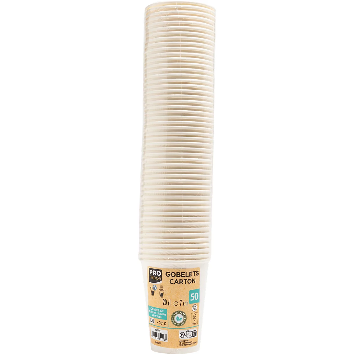 Stapel aus weißen Pappbechern. Der Becher hat einen geriffelten Außenbereich und einen bedruckten Boden.