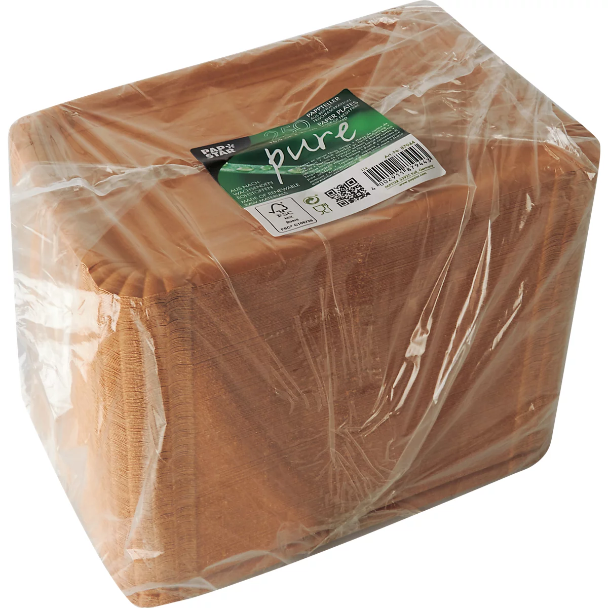 Pappteller Papstar Pure, 500 Stück, eckig, lebensmittelecht, B 165 x L 230 mm, Frischfaserkarton, braun