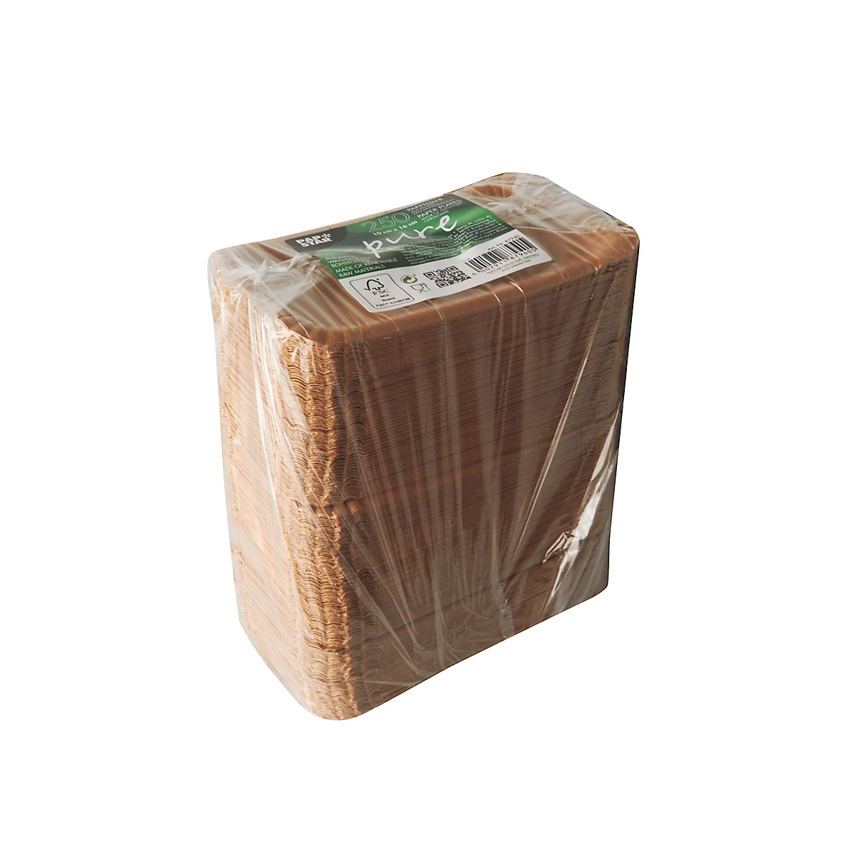 Ein quadratisches Paket aus Holzplatten, in Folie verpackt, mit dem Aufdruck „pure“.