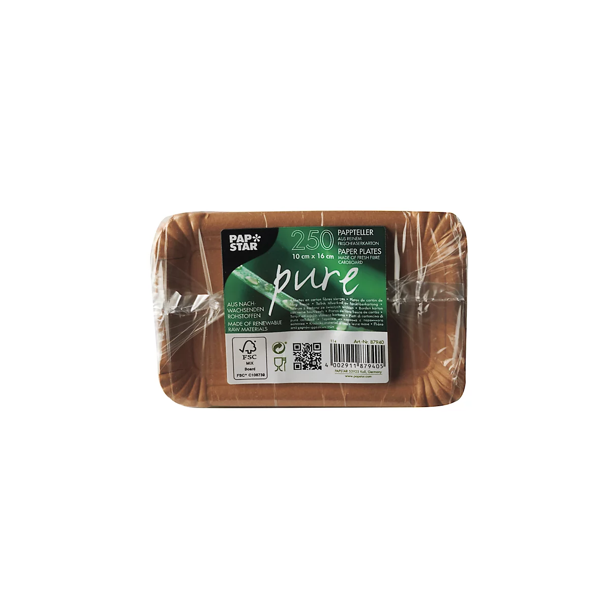 Verpackung mit Papptellern, beschriftet mit "pure", "PAP-STAR" und Produktinformationen.