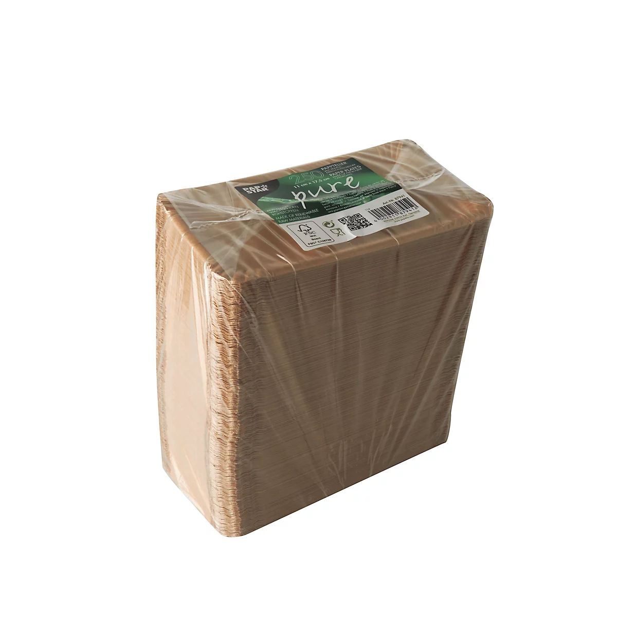 Ein rechteckiges, braunes Paket, in transparente Folie eingeschweißt, mit dem Aufdruck "pure".