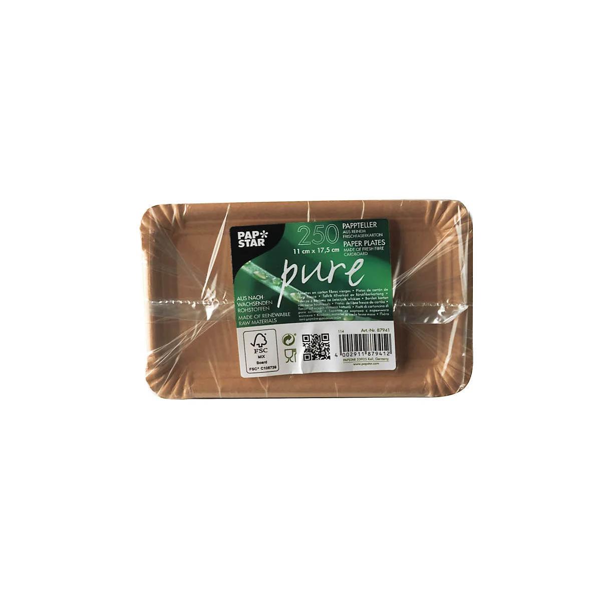 Rechteckige Pappteller, verpackt in Folie, mit Label. Aufschrift: "pure".