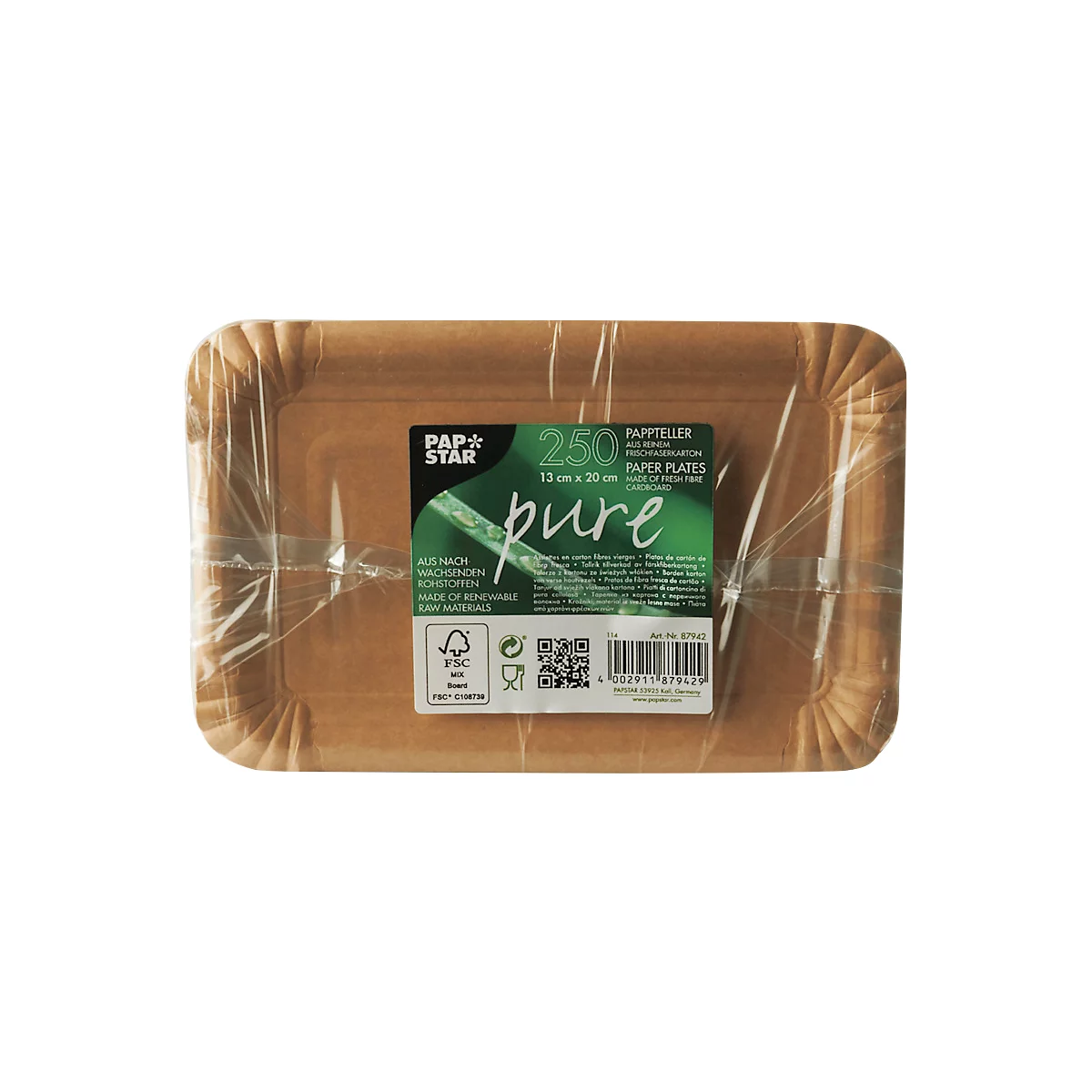 Rechteckige Pappteller verpackt in Folie. Aufkleber mit Produktinformationen, FSC-Siegel, QR-Code und Schriftzug Pure.