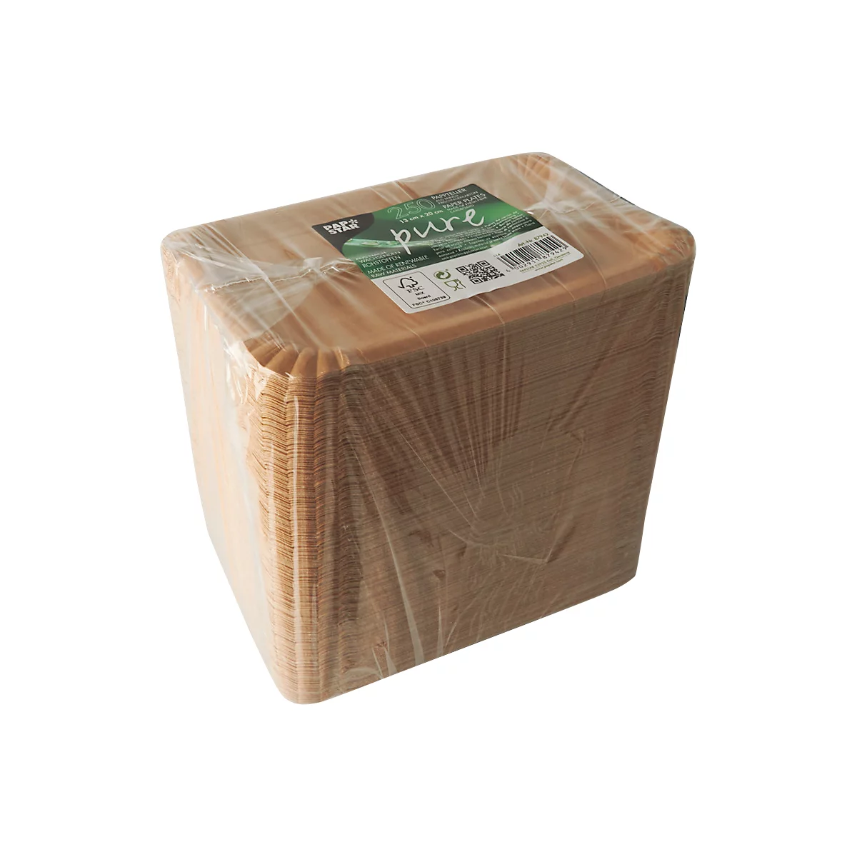 Ein Paket aus rechteckigen Papptellern, verpackt in Folie. Auf dem Etikett steht "pure".