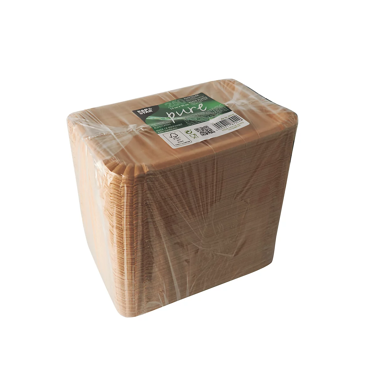 Ein verpackter Stapel rechteckiger Teller. Auf der Oberseite befindet sich ein Etikett mit der Aufschrift "pure".