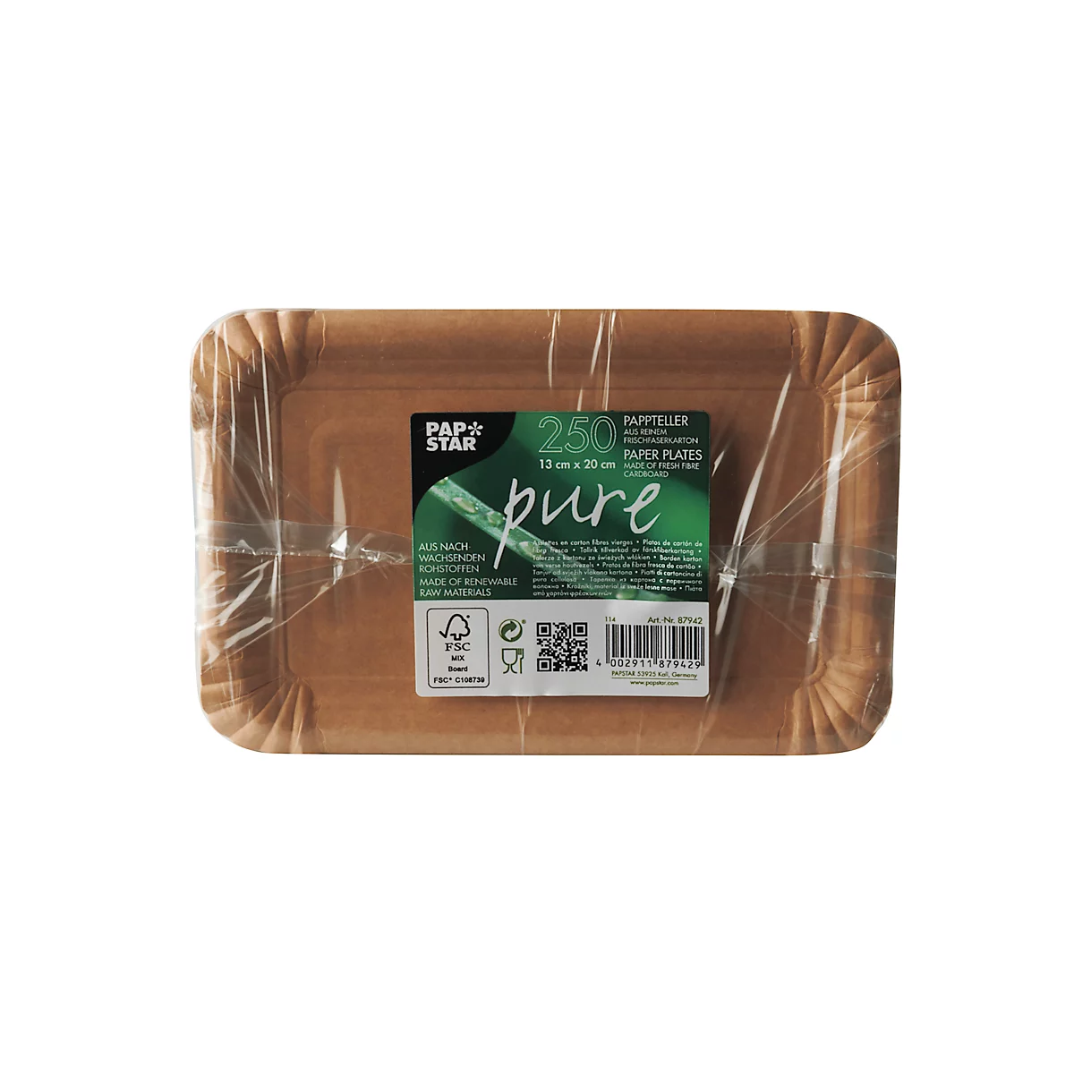 Rechteckige Pappteller, in Folie verpackt. Aufdruck: "pure", "250 Paper Plates".