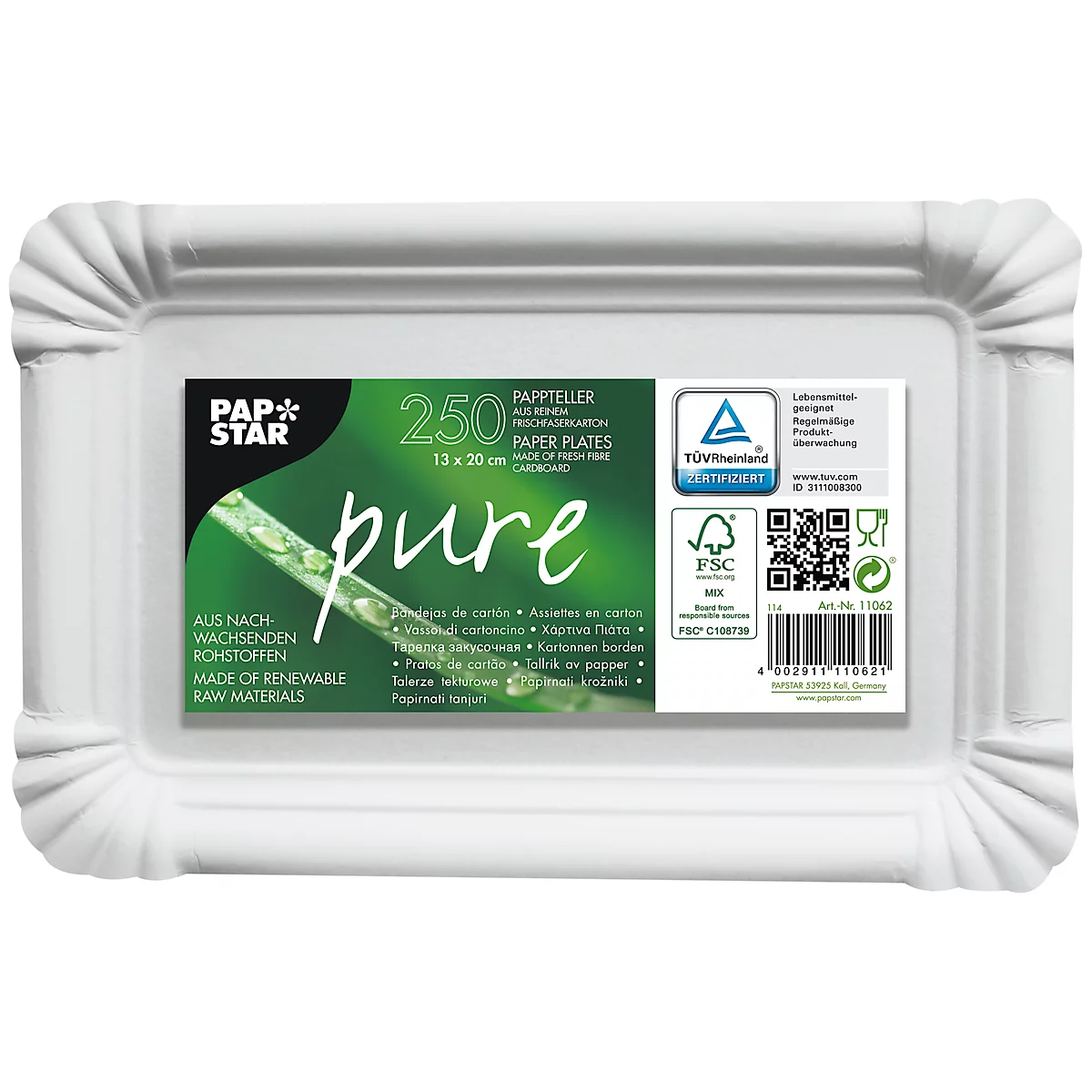 Rechteckige weiße Pappteller-Verpackung mit Schriftzug 'Pap Star Pure'. Ein grüner Aufkleber mit Logo und Texten. FSC-Zertifizierung.