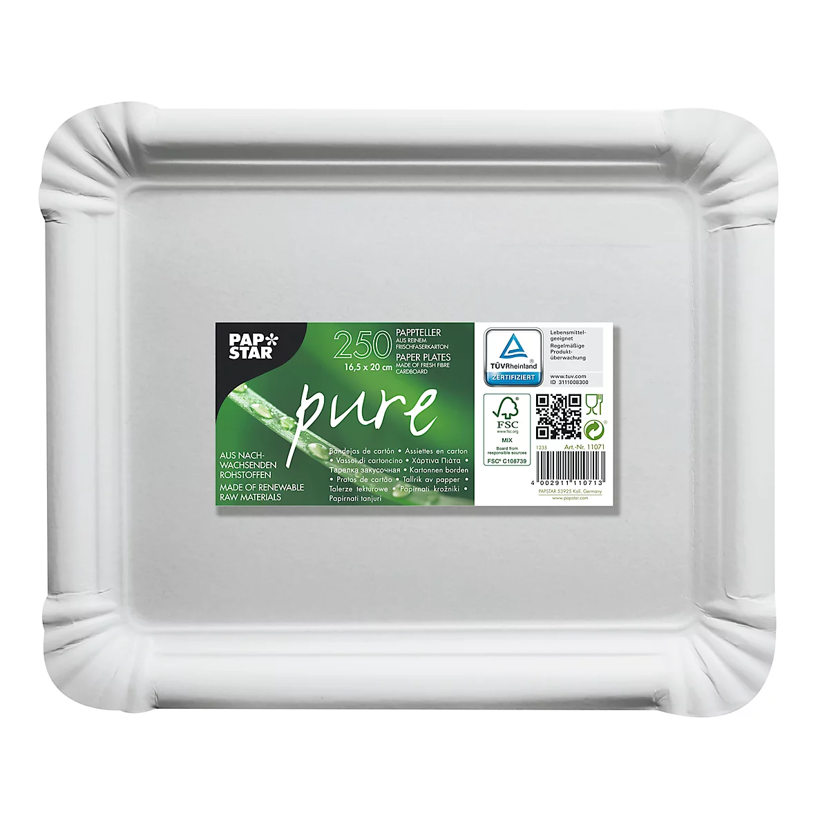 Quadratischer weißer Pappteller mit gewelltem Rand. Aufdruck mit Logo und Text.