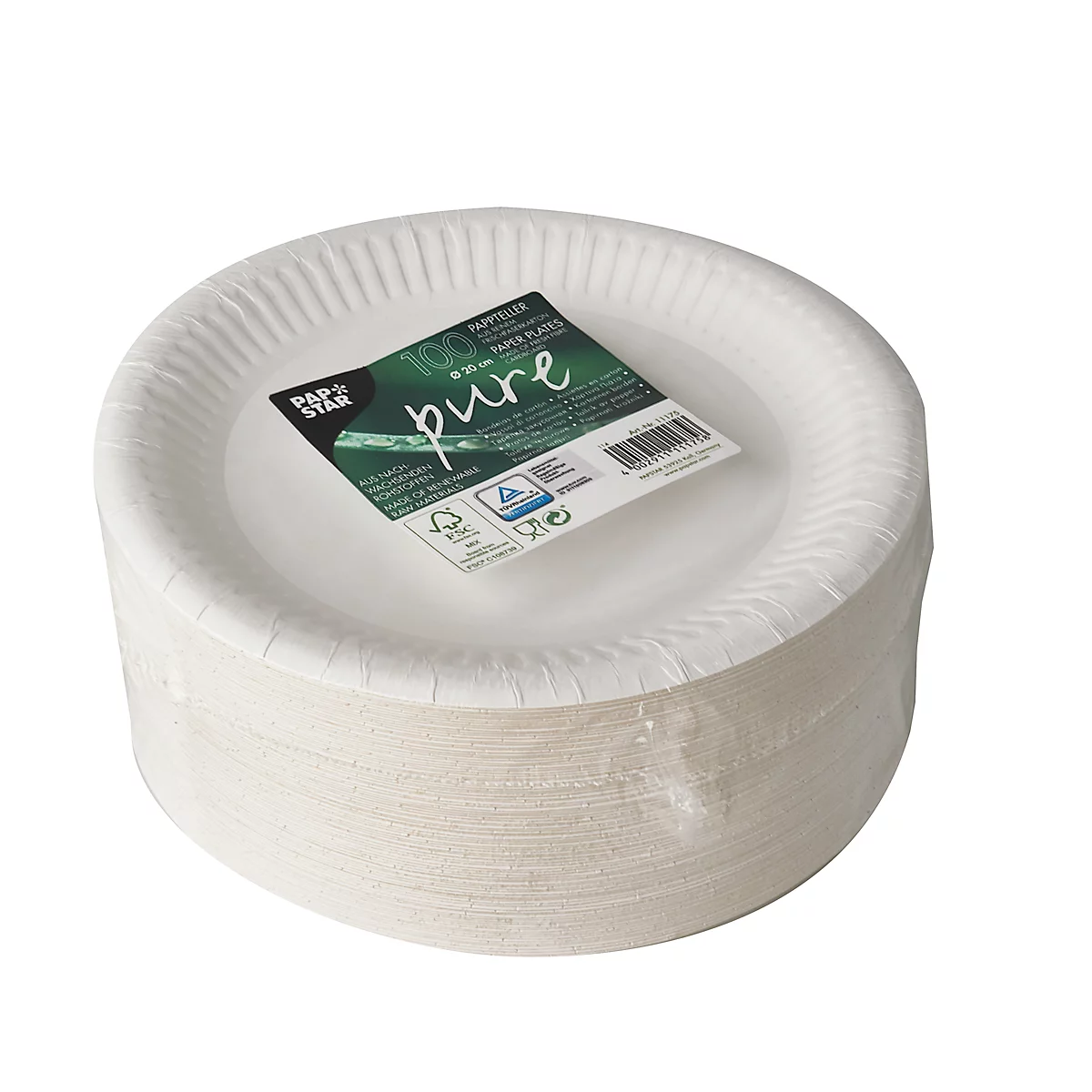 Stapel weißer Pappteller, verpackt in durchsichtiger Folie. Auf einem Teller liegt ein Etikett mit Aufdruck.