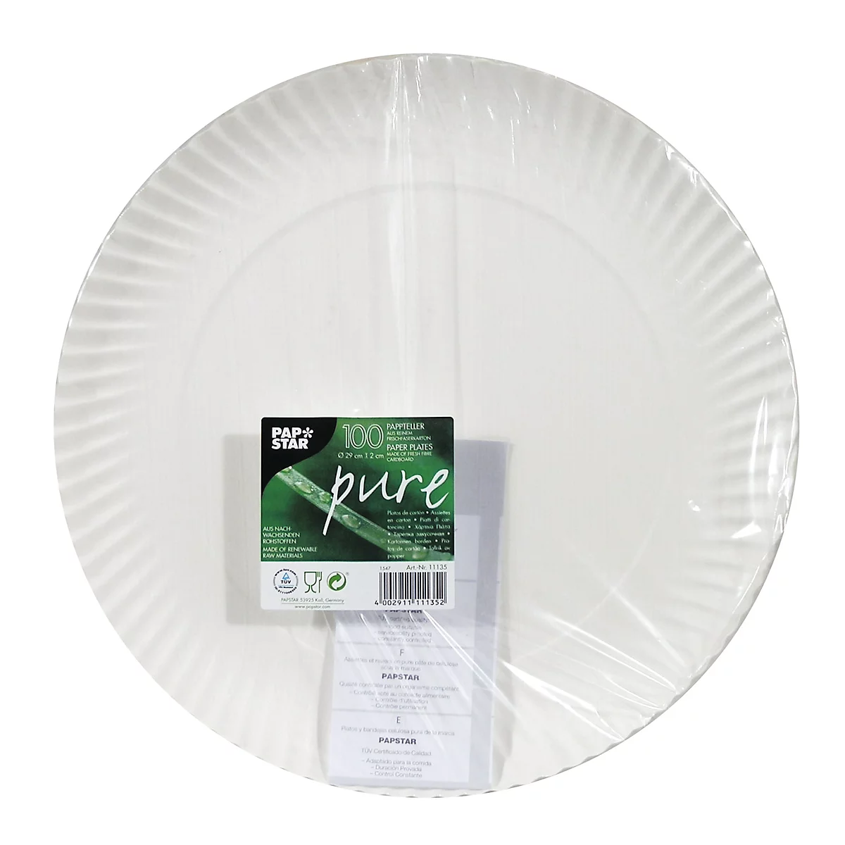 Ein weißes Pappteller-Set in Plastikfolie verpackt. Ein Etikett mit 'pure' und Herstellerinformationen ist sichtbar.