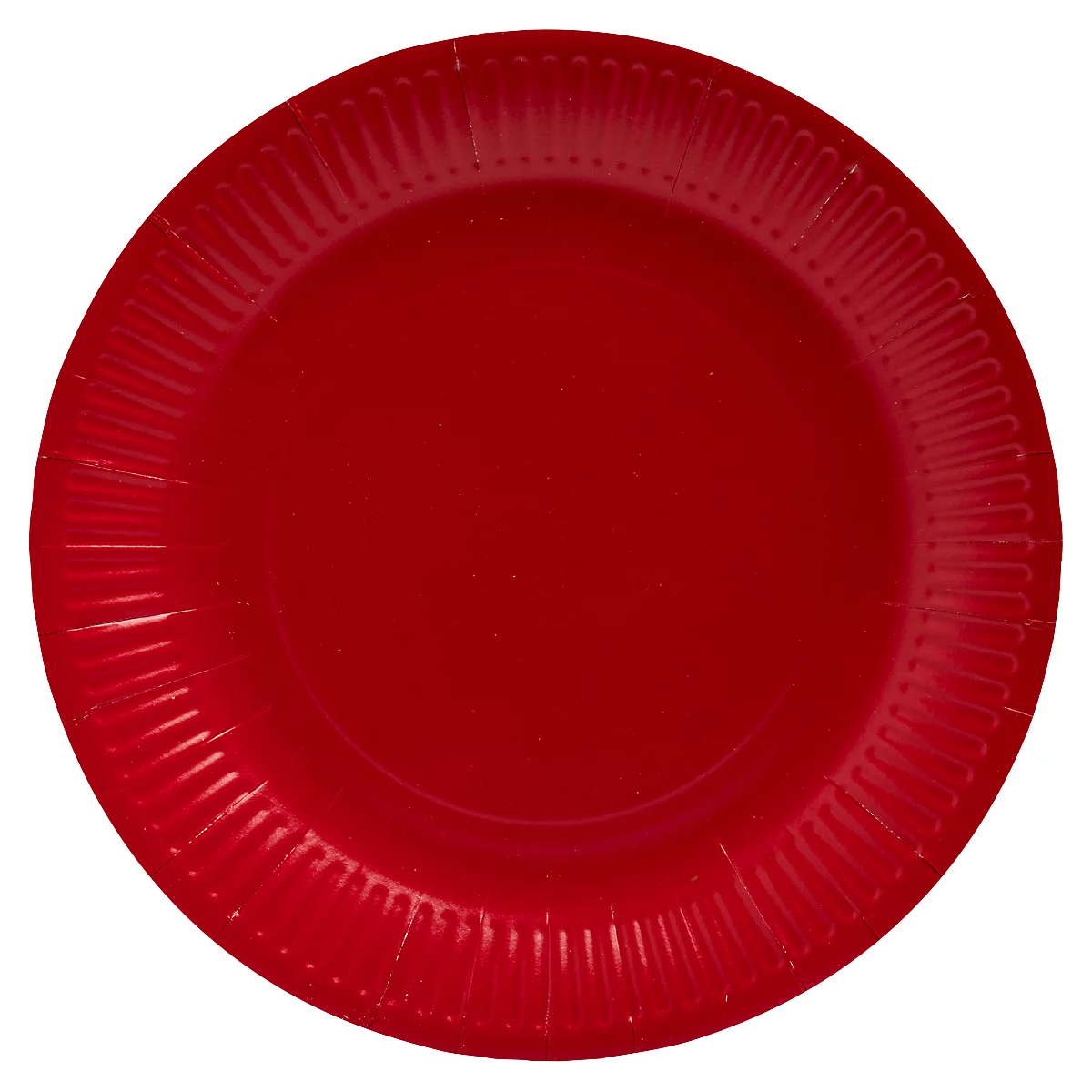 Roter Pappteller mit gerilltem Rand.