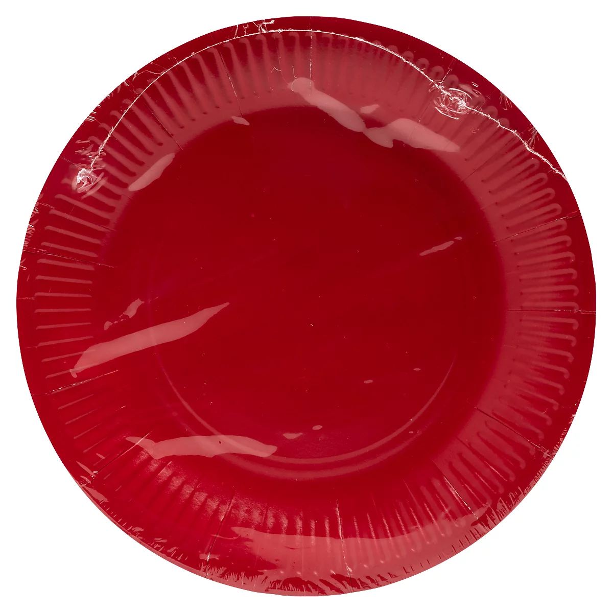 Roter Pappteller in Plastikfolie verpackt, mit geriffeltem Rand.