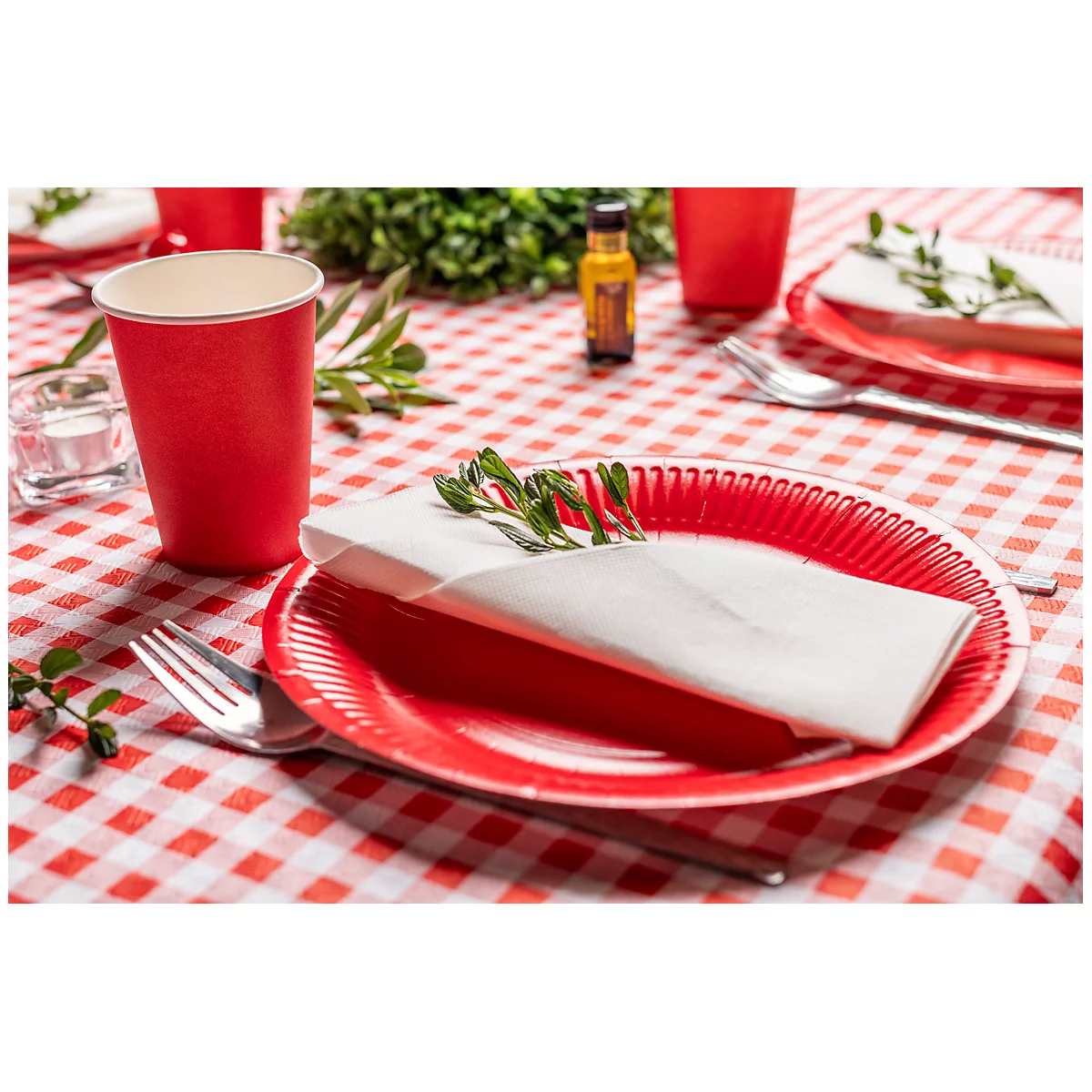 Ein gedeckter Tisch mit rotem Pappteller, Serviette und Becher auf karierter Tischdecke. Dekoriert mit Kräutern.