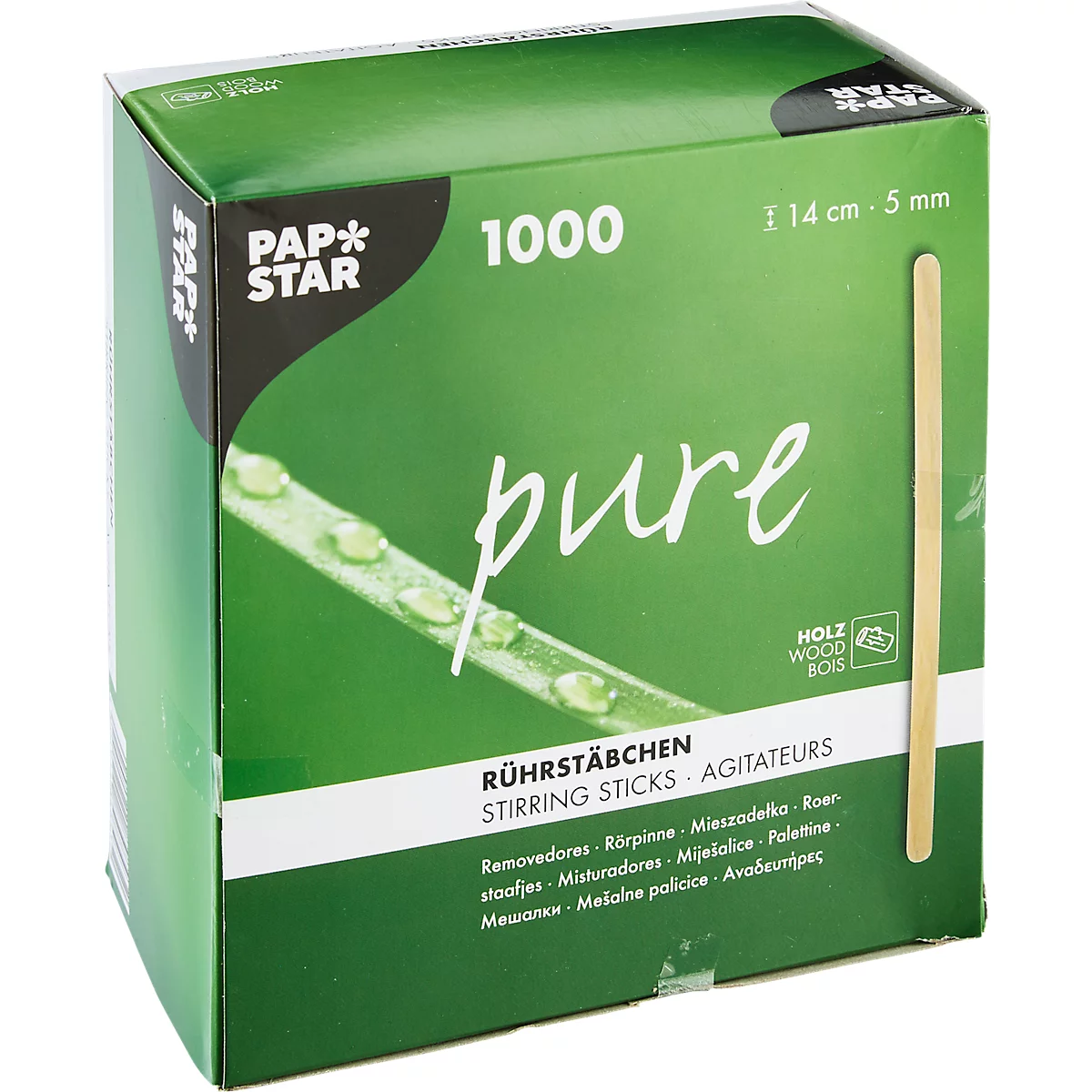 Boîte en carton verte avec 1000 bâtonnets, inscription "pure" et "HOLZ WOOD BOIS".