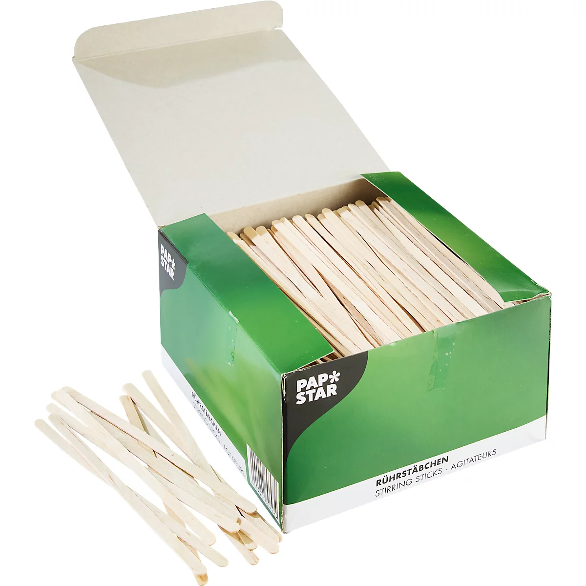 Une boîte de bâtonnets en bois. Quelques bâtonnets sont posés à côté. Impression : Pap Star, bâtonnets.