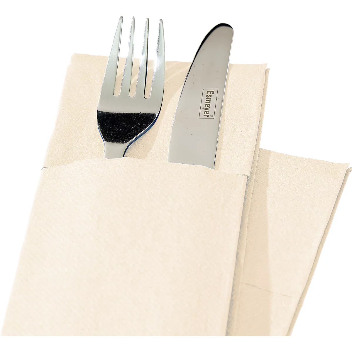 Gabel und Messer in einer Serviette. Messer trägt den Schriftzug "Esmeyer".