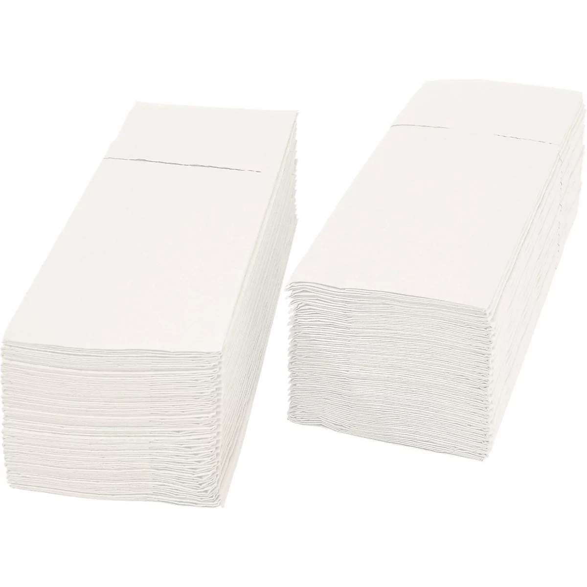 Zwei rechteckige Stapel weißer Papierservietten, nebeneinander. Oben eine dünne, horizontale Linie.
