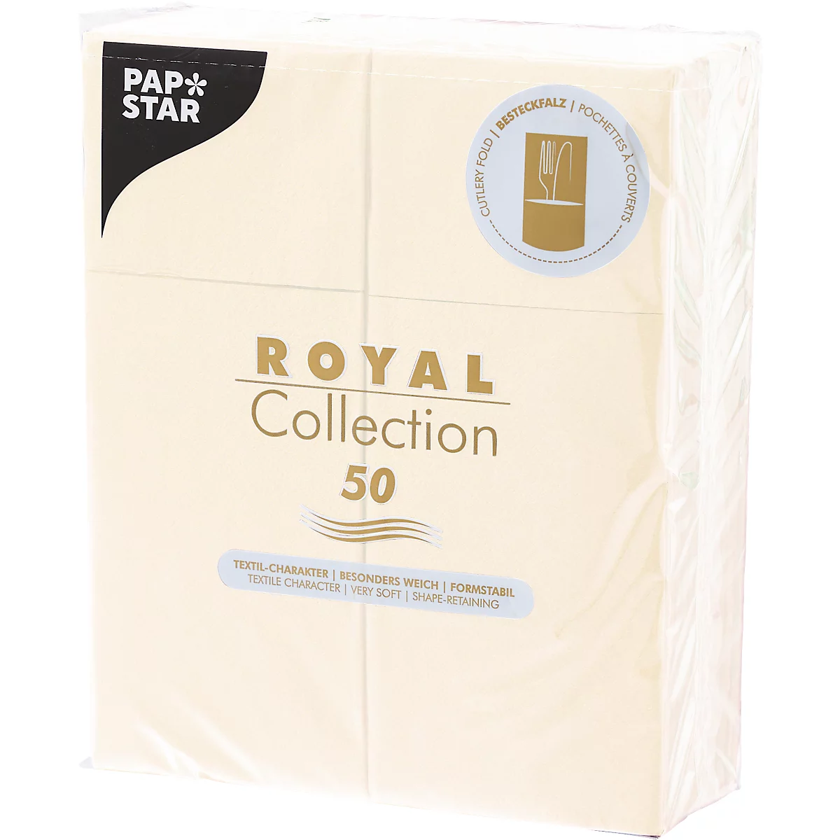 Verpakking van crèmekleurige servetten, "Royal Collection" met 50 stuks. Afdrukken met productinformatie.
