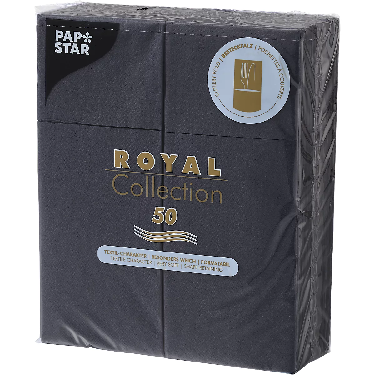 Donkere servettenverpakking met "Royal Collection 50" print. Sticker met besteksymbool en tekst. Verpakt in transparante folie.