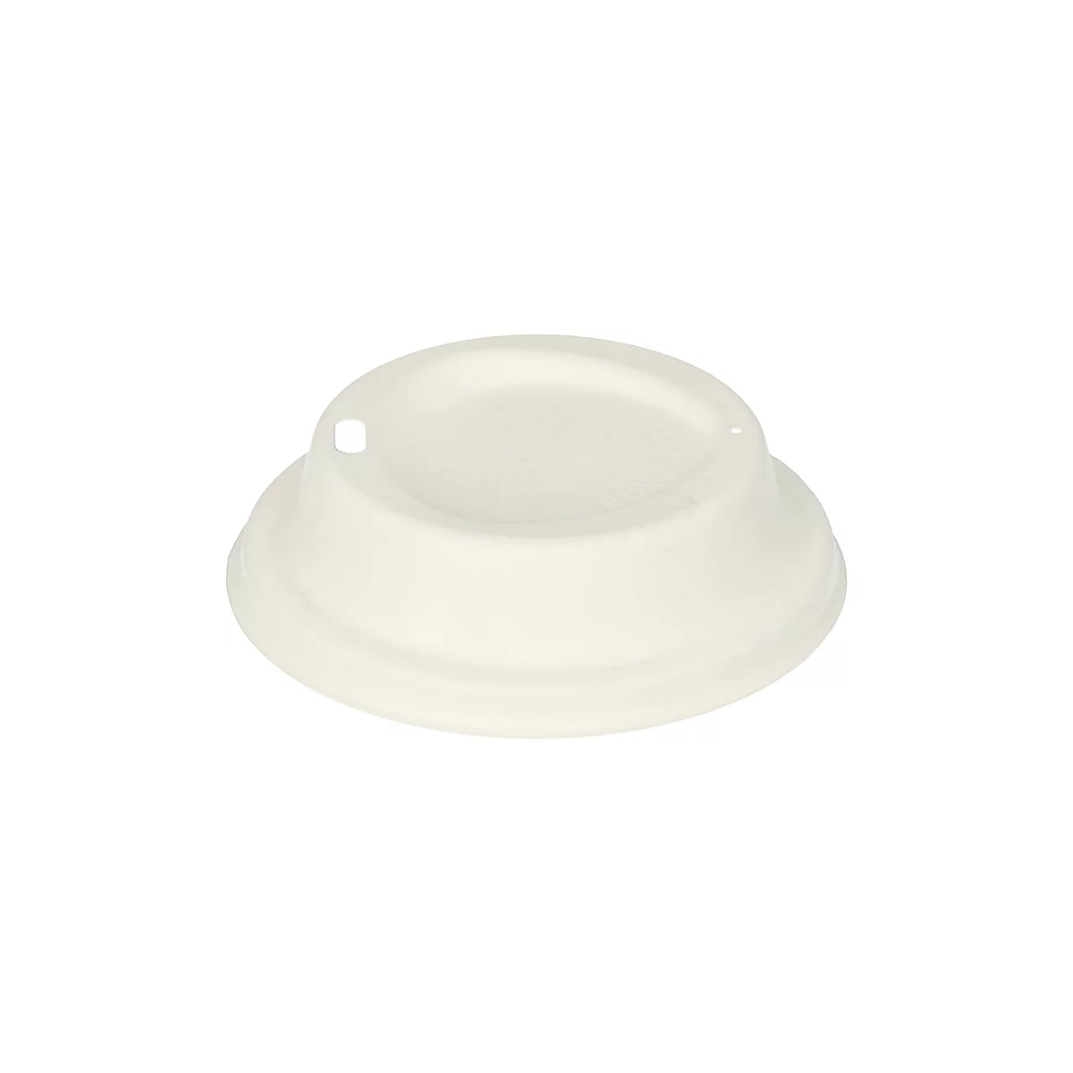 Couvercle de gobelet en plastique clair. Le produit est photographié sur fond blanc. Le couvercle a une forme ronde avec un renfoncement.