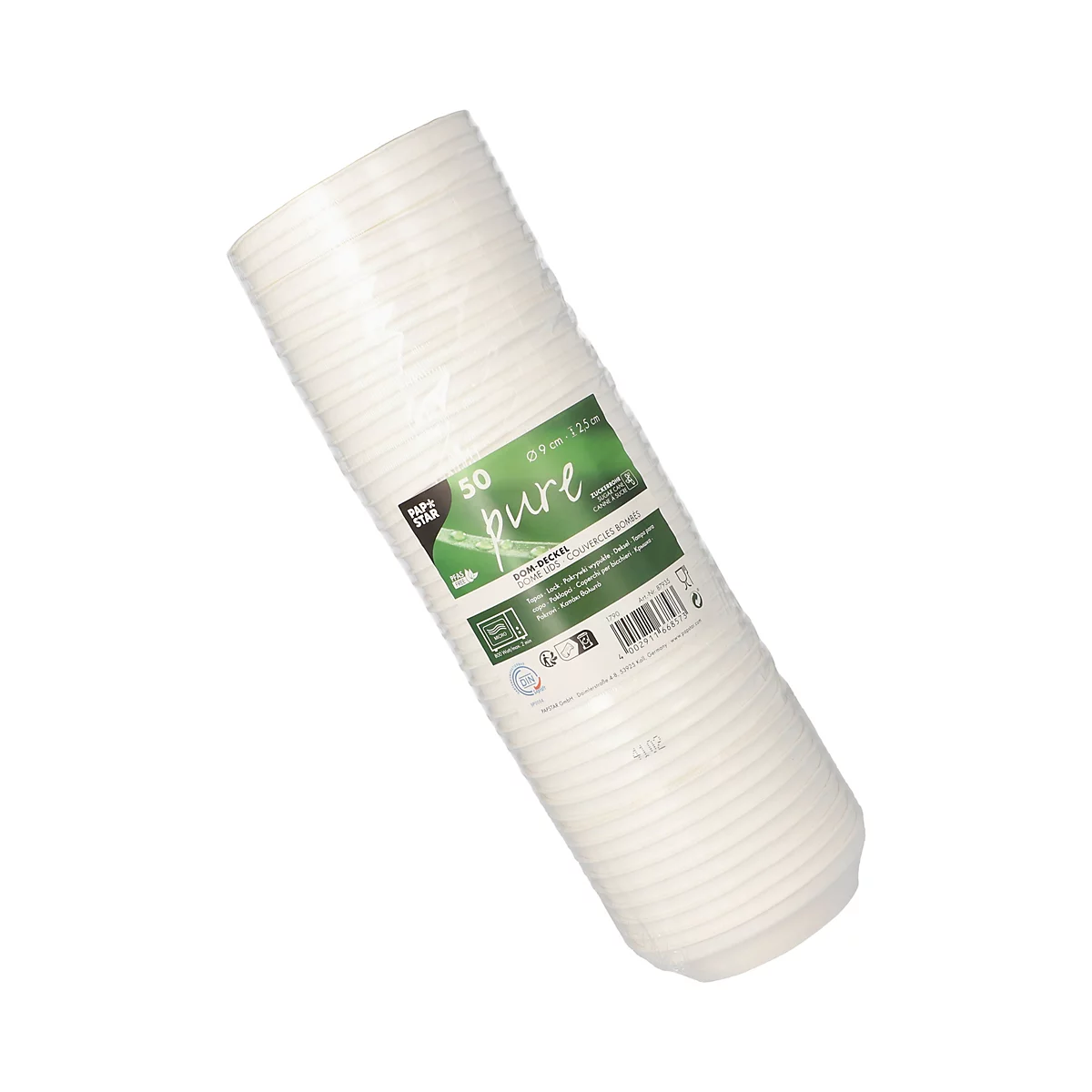 Rouleau de gobelets en papier blancs, enveloppé dans une pellicule plastique, avec une étiquette verte et du texte.