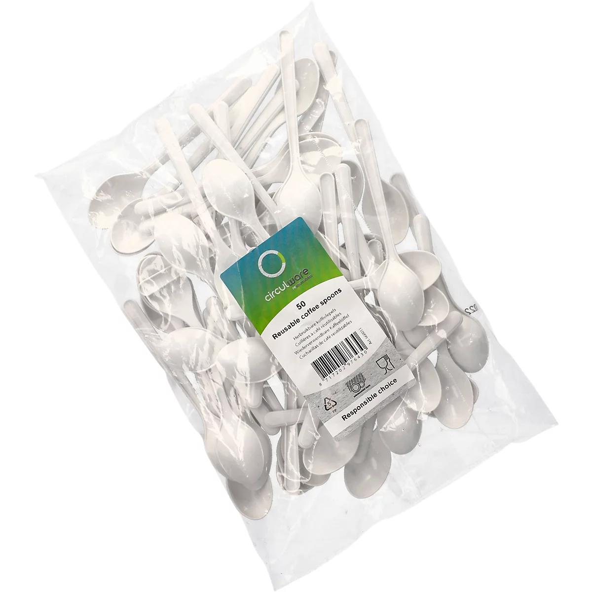 Cuillères en plastique dans un sac en plastique. Inscription : Circle Green, 50 cuillères à café réutilisables.