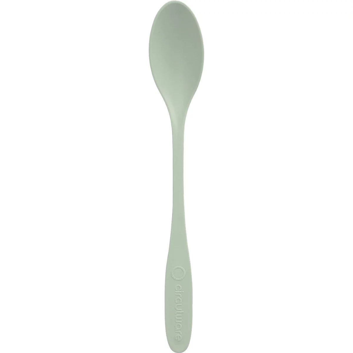 Cuillère en silicone vert clair, allongée avec une cuillère arrondie, manche avec lettrage.