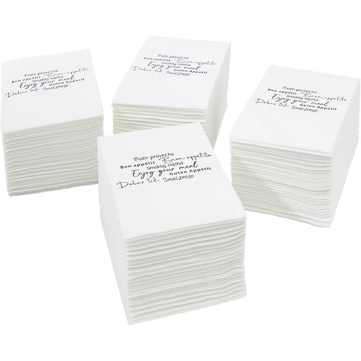 Vier stapels vierkante, witte servetten. Op elke servet staat in zwarte letters "Buen provecho...Enjoy your meal".