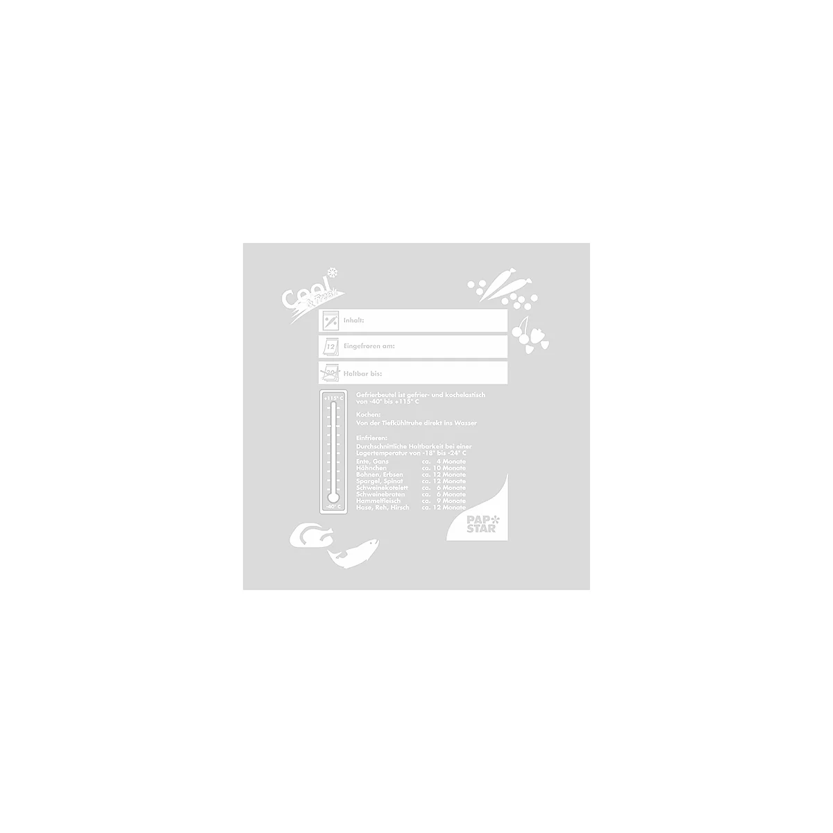 Grauer Hintergrund mit weißen Elementen. Oben links das Logo "Cool", darunter mehrere graue Rechtecke mit Text. Ein Thermometer und Illustrationen von Gemüse und Geflügel.