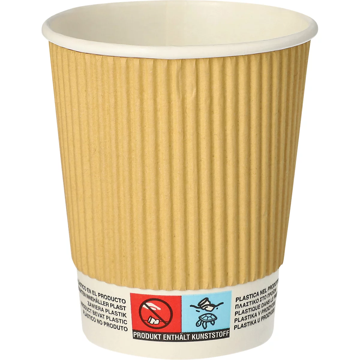 Gobelet en papier brun avec une enveloppe en papier ondulé. Inscription : Le produit contient du plastique.