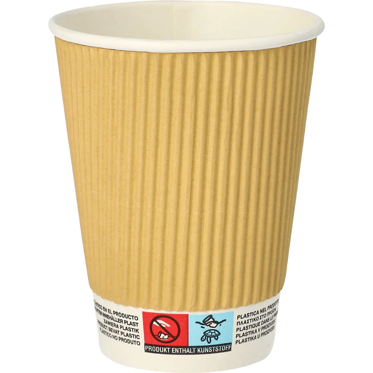 Gobelet avec paroi extérieure marron ondulée et bord blanc. Autocollant : Le produit contient du plastique.