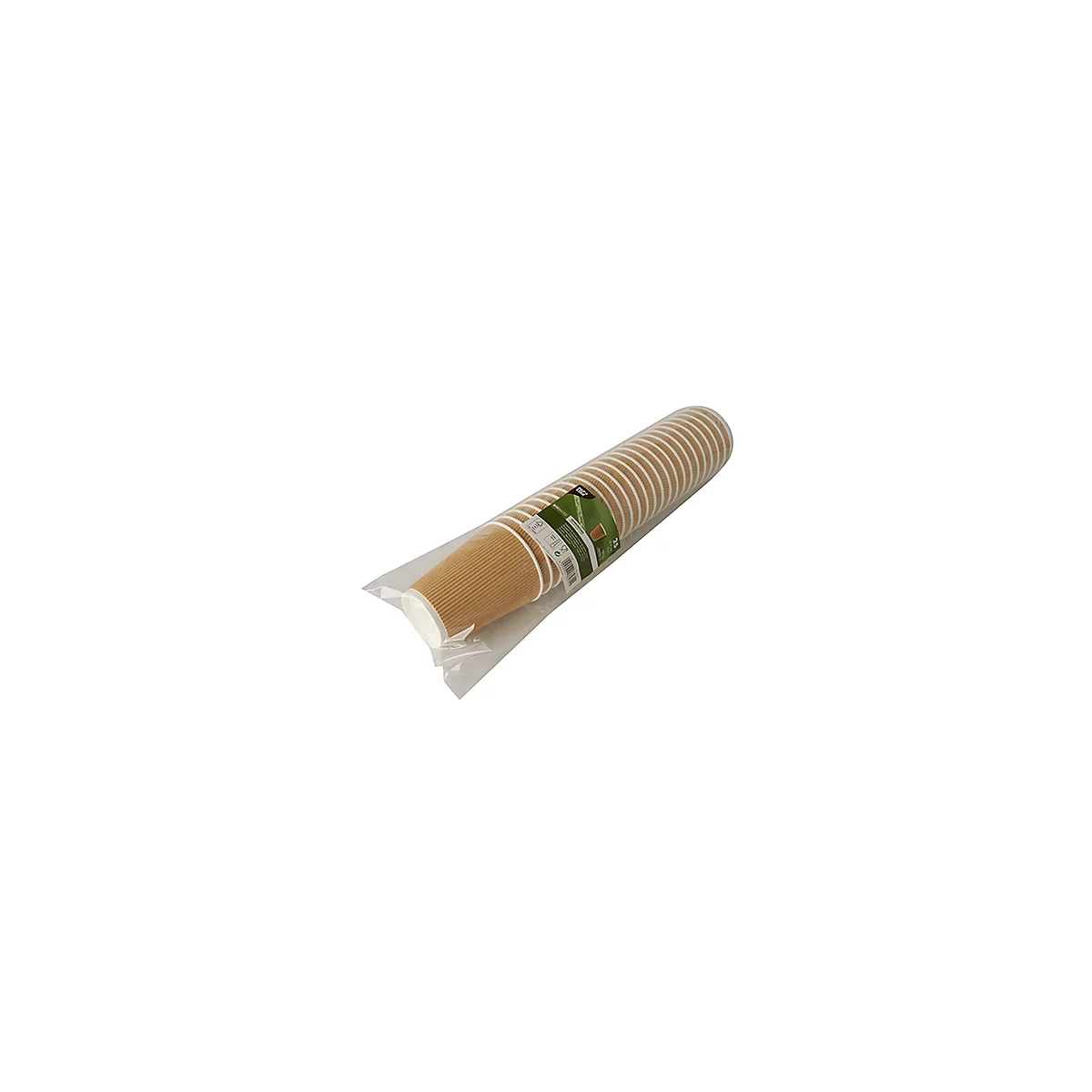 Paquet de gobelets en carton brun ondulé avec bords blancs, dans une feuille transparente. Autocollant avec informations sur le produit.