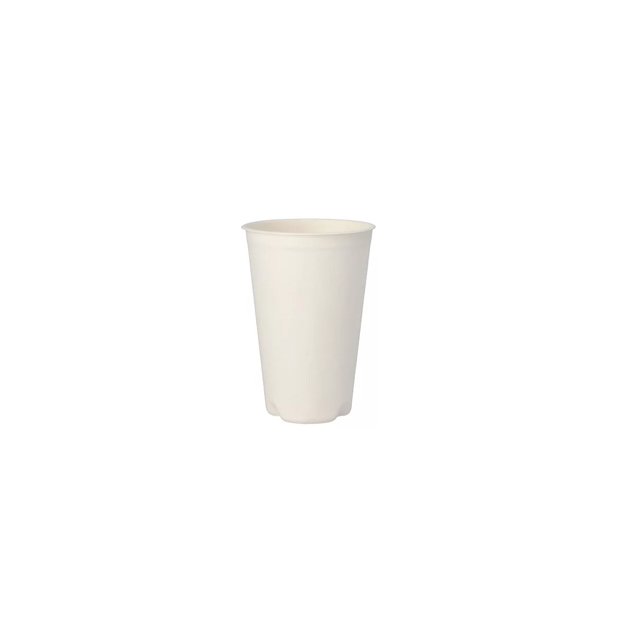 Un gobelet en papier blanc sur fond blanc. Le gobelet est cylindrique, légèrement conique vers le bas.