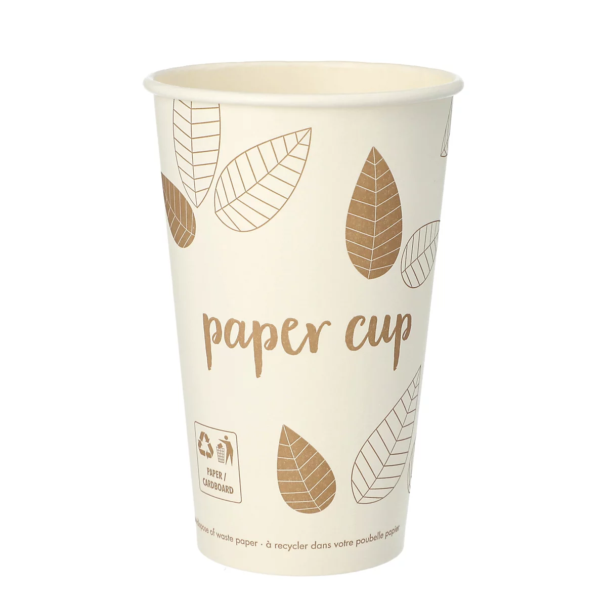 Gobelet en papier avec motif de feuilles et l'inscription "paper cup".